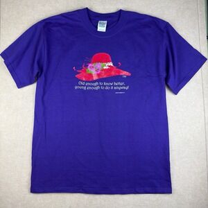Y2K Quote Shirt L Purple Red Hat Funny Graphic Earth Sun Moon Statement Tee